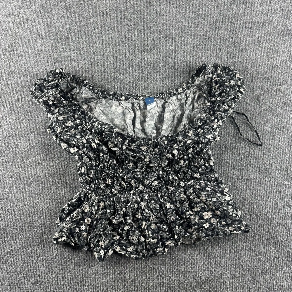 Old Navy Blouse Womens M Black Floral Scoop Neck Short Puff Sleeve Cropped